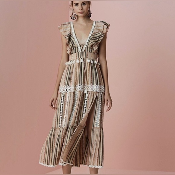 HEMANT & NANDITA Dresses & Skirts - Hemant & Nandita Tassel‎ Pixie Deep V LaceTrim Midi Sz Medium